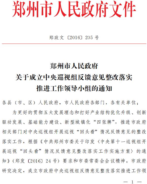 鄭政文〔2016〕205號《鄭州市人民政府關于成立中央巡視組反饋意見整改落實推進工作領導小組的通知》