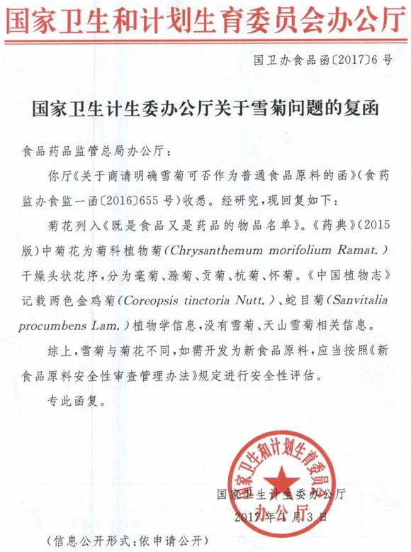 國(guó)衛(wèi)辦食品函〔2017〕6號(hào)《國(guó)家衛(wèi)生計(jì)生委辦公廳關(guān)于雪菊問(wèn)題的復(fù)函》