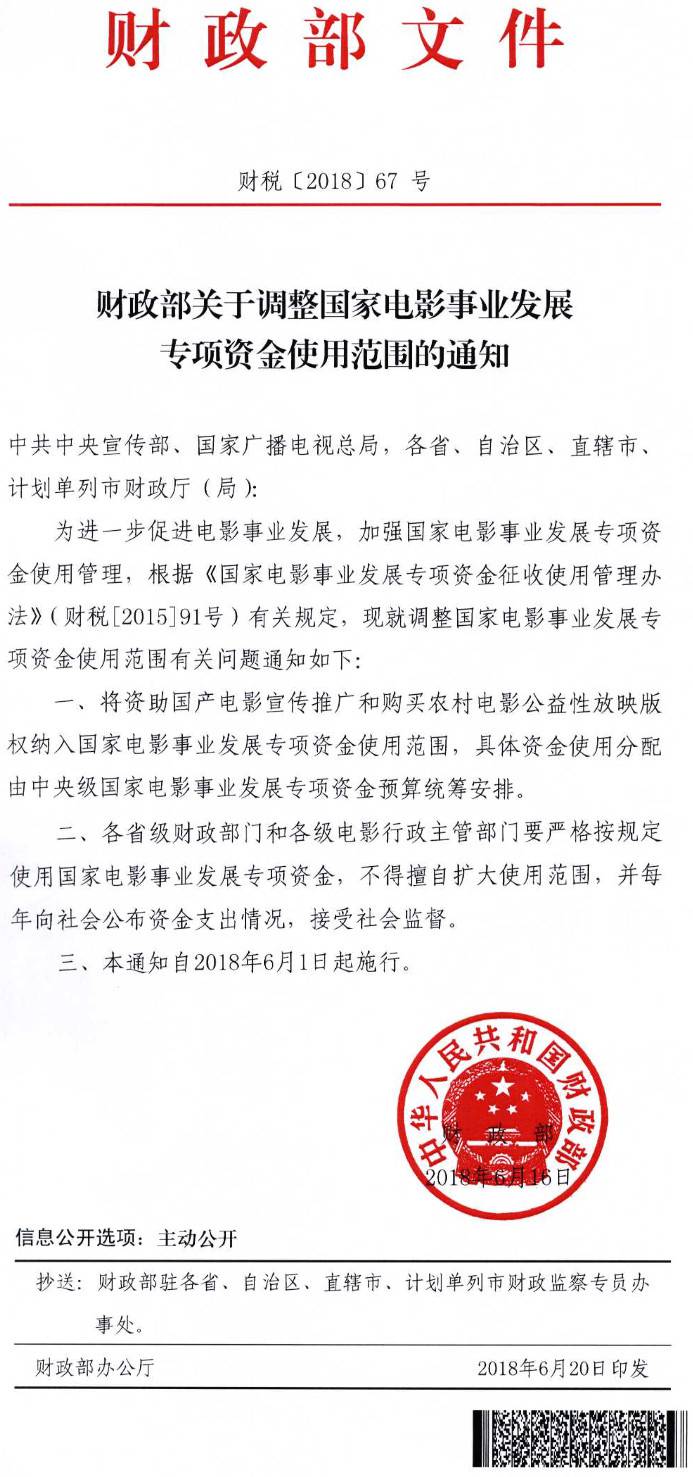財稅〔2018〕67號《財政部關(guān)于調(diào)整國家電影事業(yè)發(fā)展專項資金使用范圍的通知》