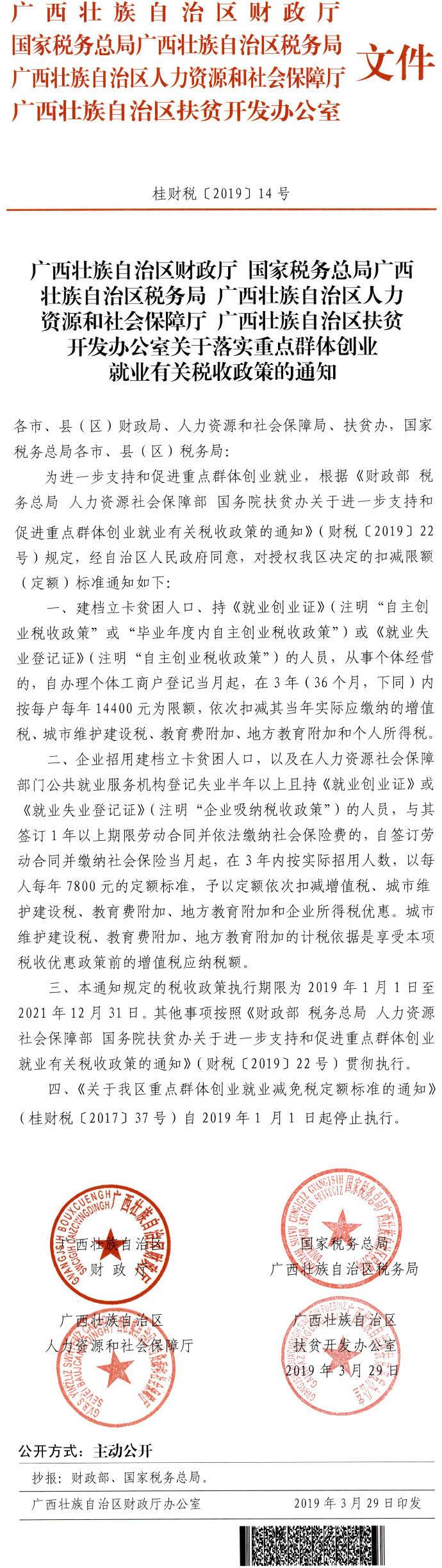 桂財稅〔2019〕14號《廣西壯族自治區(qū)財政廳國家稅務總局廣西壯族自治區(qū)稅務局廣西壯族自治區(qū)人力資源和社會保障廳廣西壯族自治區(qū)扶貧開發(fā)辦公室關(guān)于落實重點群體創(chuàng)業(yè)就業(yè)有關(guān)稅收政策的通知》